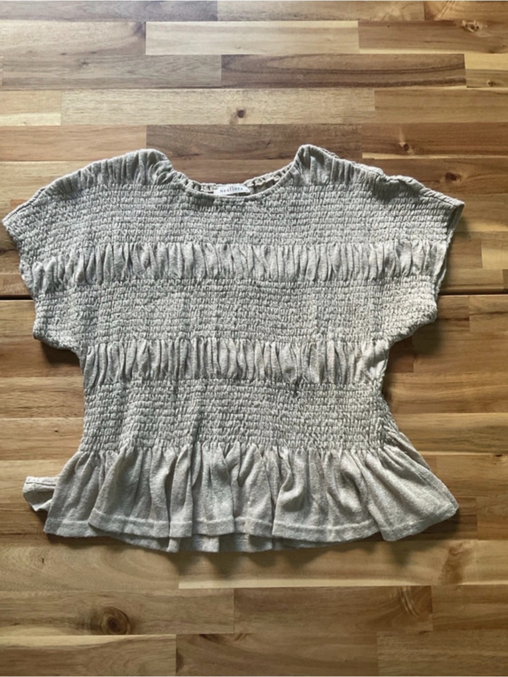 Neuflora Hadden Top-Beige Smocked Short Sleeve Peplum Top
